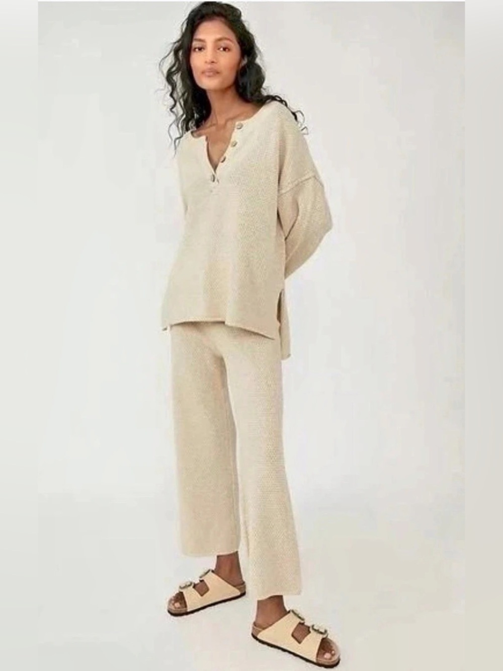 blu pepper Cozy waffle Knit Lounge Set in Cream